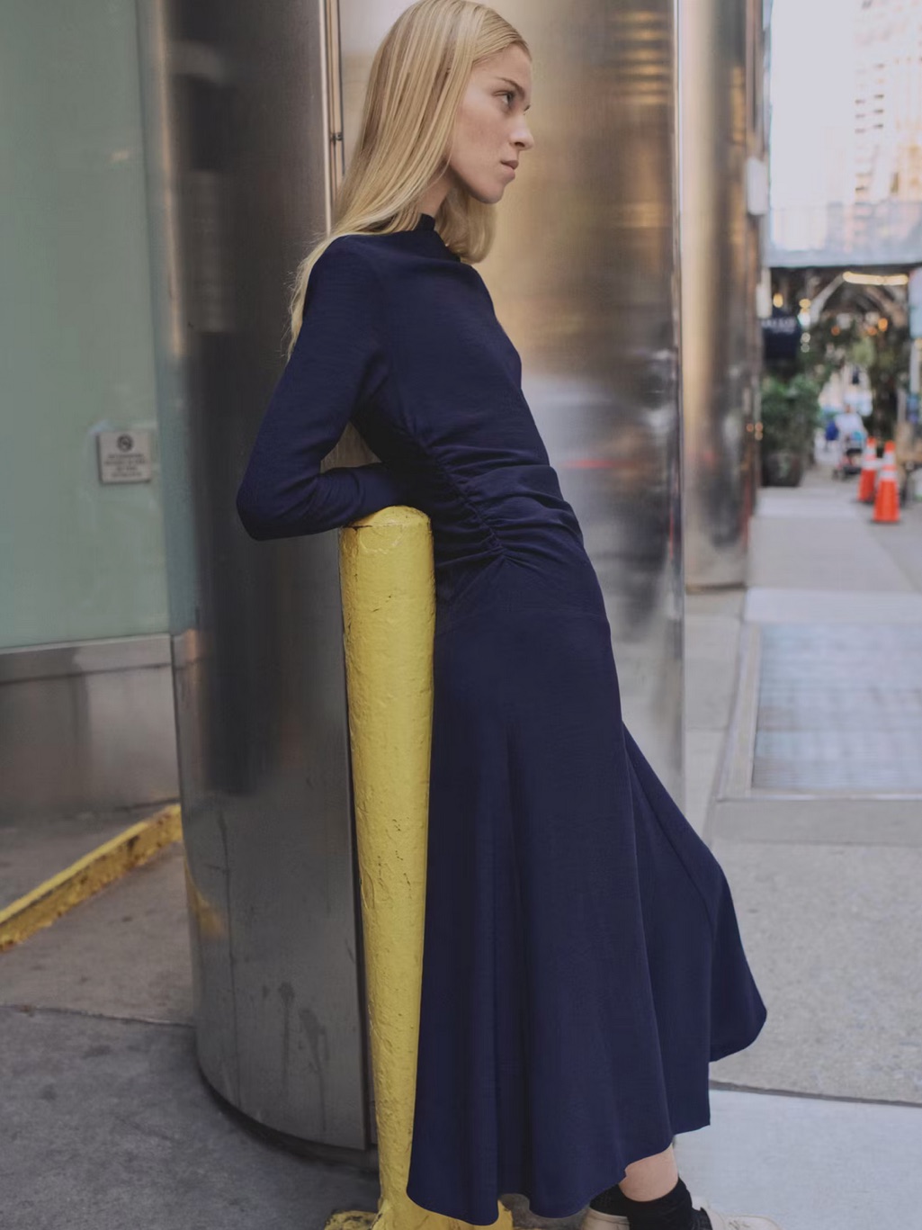Mango Asymmetrical Pleated Dress In Navy Blue Size Xl Nwt